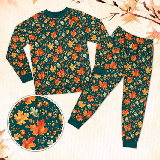 Matching family pajamas fall pajama set with autumn leaves on teal background, main view