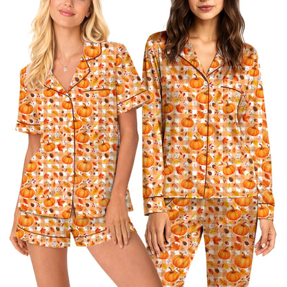 Alternate view of the fall pumpkin gingham pajama top and bottoms