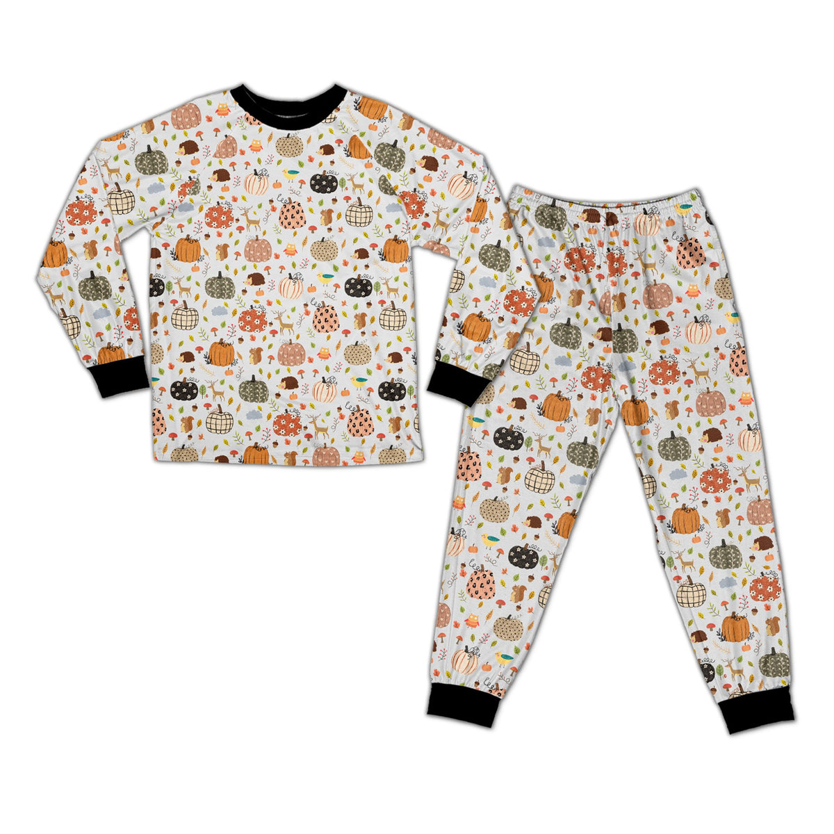 Main view of the autumn pumpkin fall pajama set with matching top and pants.