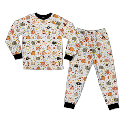 Main view of the autumn pumpkin fall pajama set with matching top and pants.