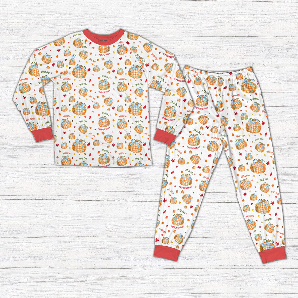 Matching family fall pajama set in white with Hello Fall pumpkin pattern