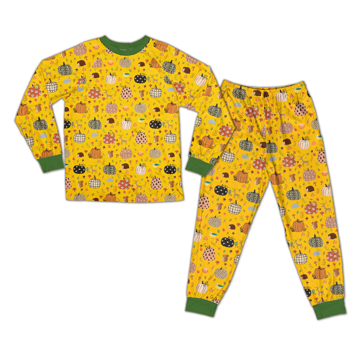 Front view of the autumn pumpkin matching family holiday pajamas.