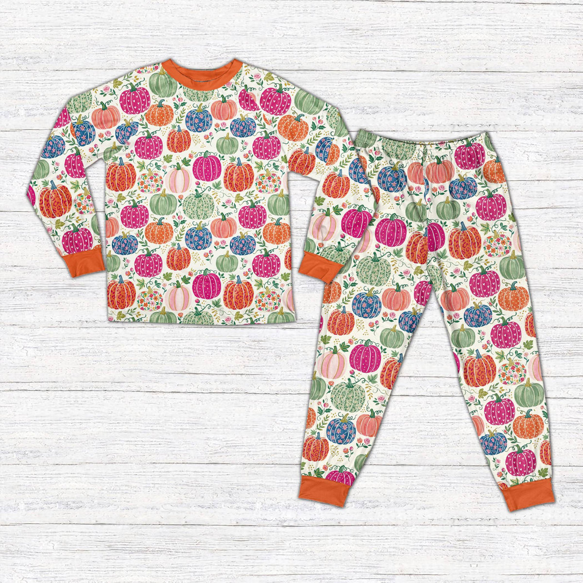 White front view of the personalized floral pumpkin fall pajama set