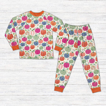 White front view of the personalized floral pumpkin fall pajama set