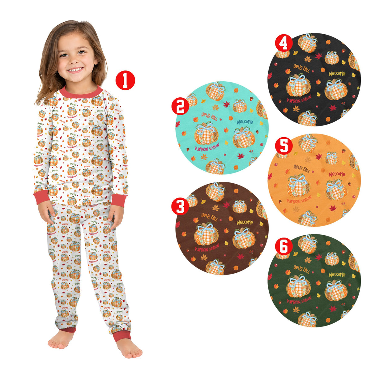 Family wearing matching fall pajama sets with pumpkin pattern in a lifestyle setting