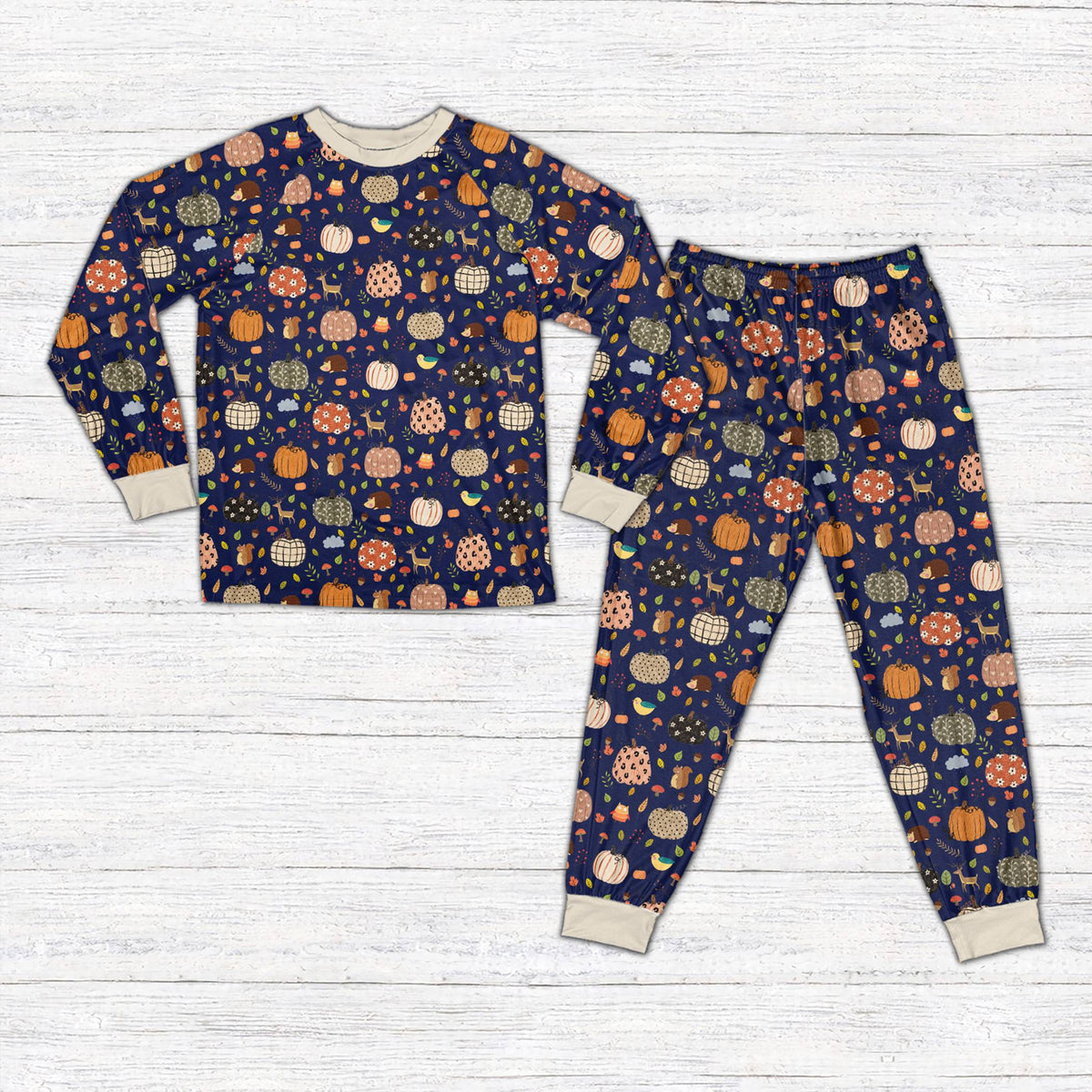 Front view of the matching holiday pajamas for the family.
