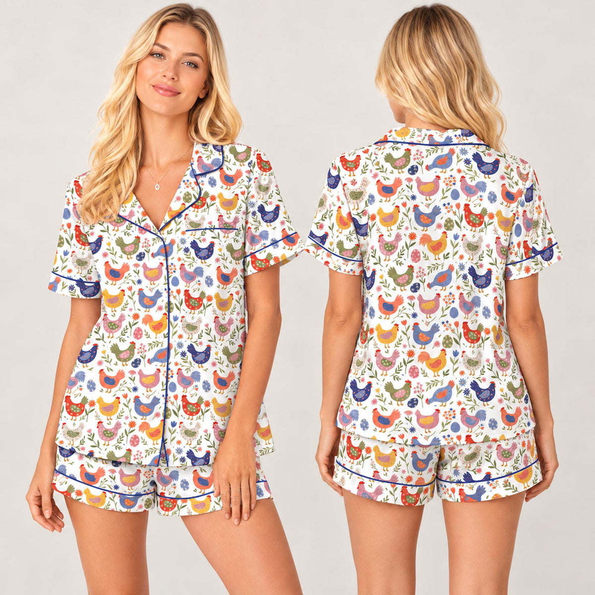 Close up front view of the farmhouse chicken pajama set showing blue piping