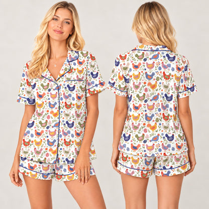 Close up front view of the farmhouse chicken pajama set showing blue piping