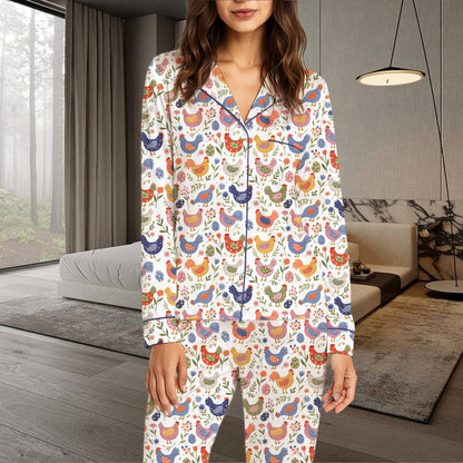 Front angle of the colorful farmhouse chicken pajama set