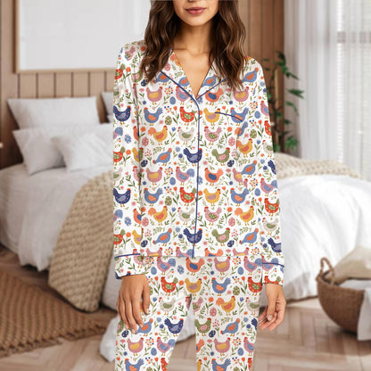 Farmhouse chicken pajama set main view featuring colorful chicken and floral pattern on white