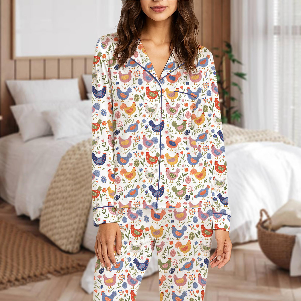 Front view of the farmhouse chicken pajama set
