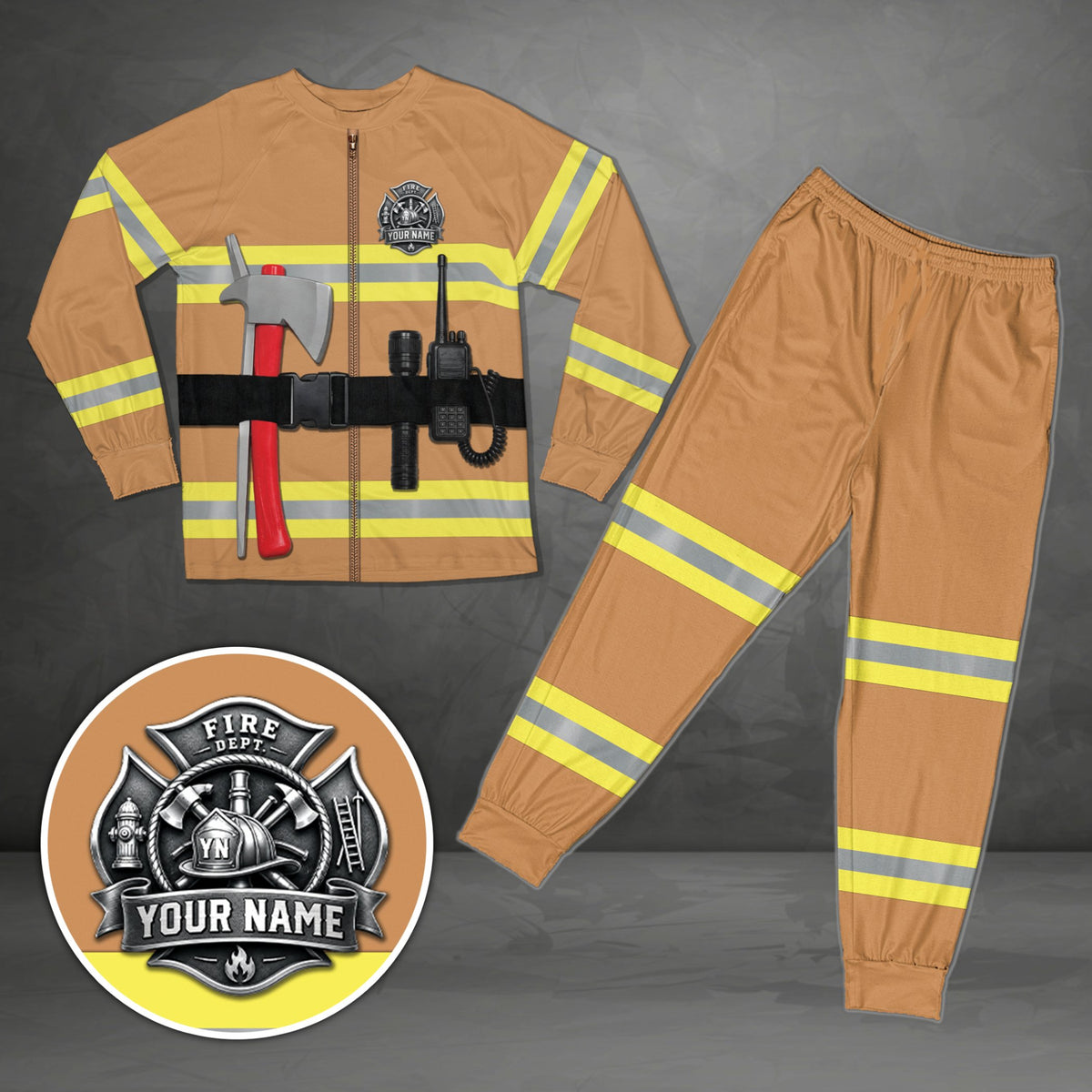 Beige firefighter uniform pajama set with printed utility belt, front view
