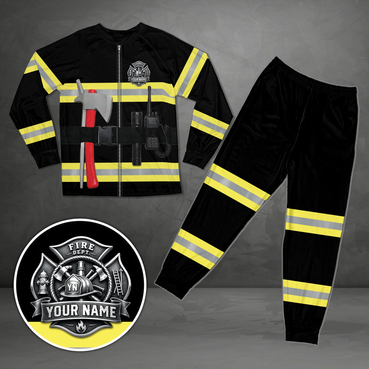Black firefighter themed pajama set showing custom badge and reflective-style stripes, front view
