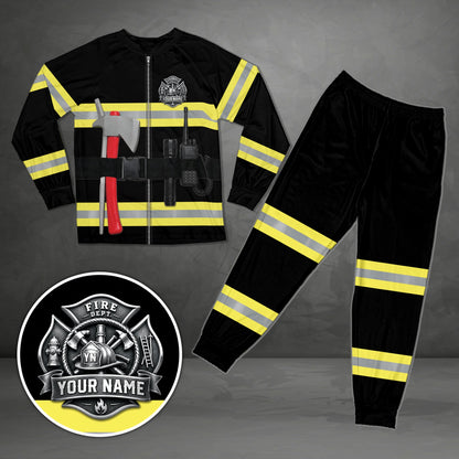 Black firefighter themed pajama set showing custom badge and reflective-style stripes, front view