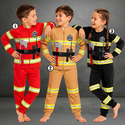 Family wearing matching multicolor firefighter pajama sets in a lifestyle setting