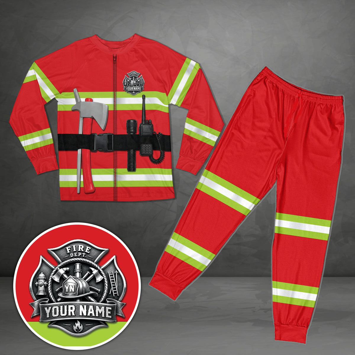 Personalized red firefighter pajama set on family members, matching family front view
