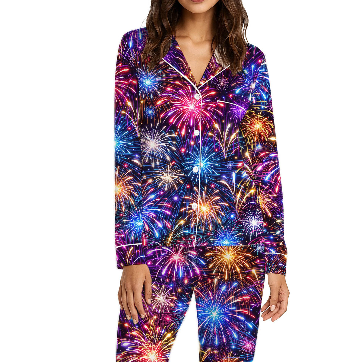Detailed view of the bright fireworks pattern on the pajama fabric
