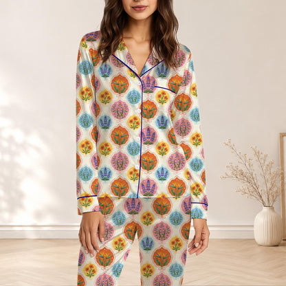 Main view of the matching family floral pajama set featuring colorful scalloped medallions