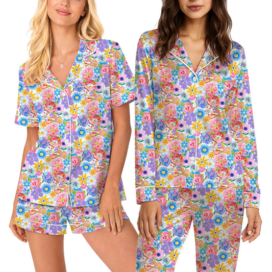 Colorful floral pajama set for matching family pajamas, front view
