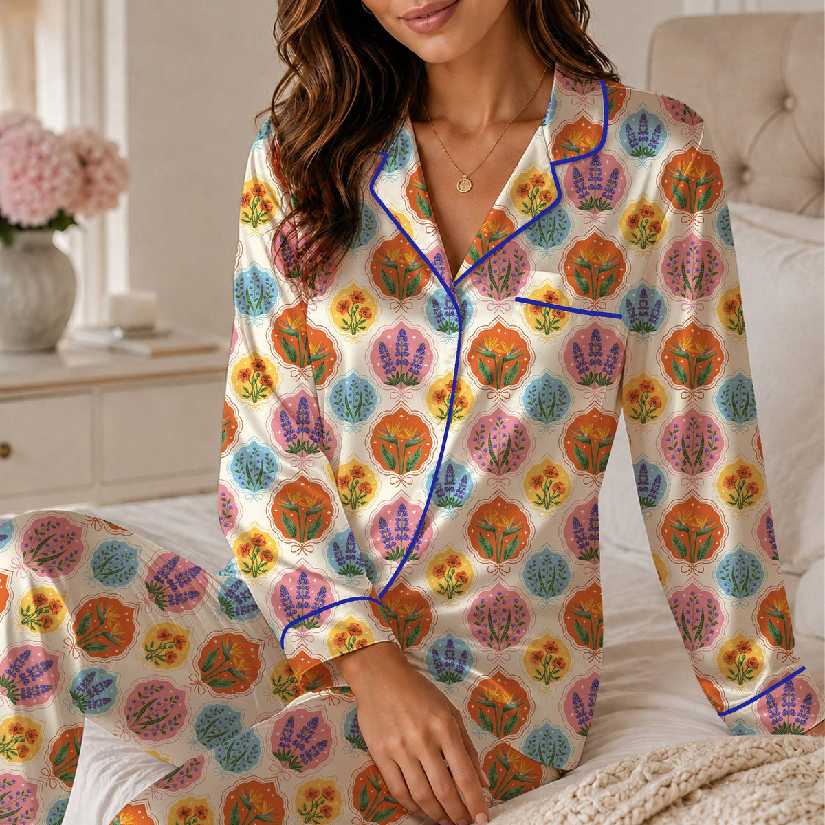 Another lifestyle view showing the comfortable polyester floral pajama set