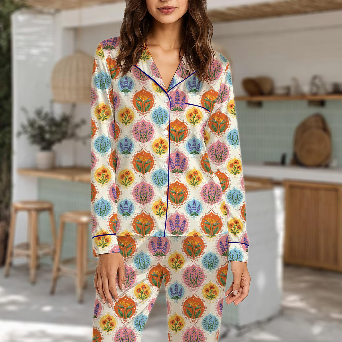 Close lifestyle view of the floral pajama set's colorful decorative frames