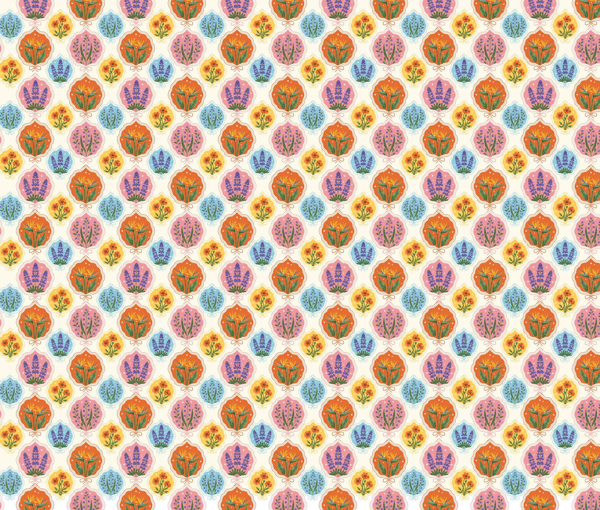 Alternate view showing the details of the scalloped floral medallion print