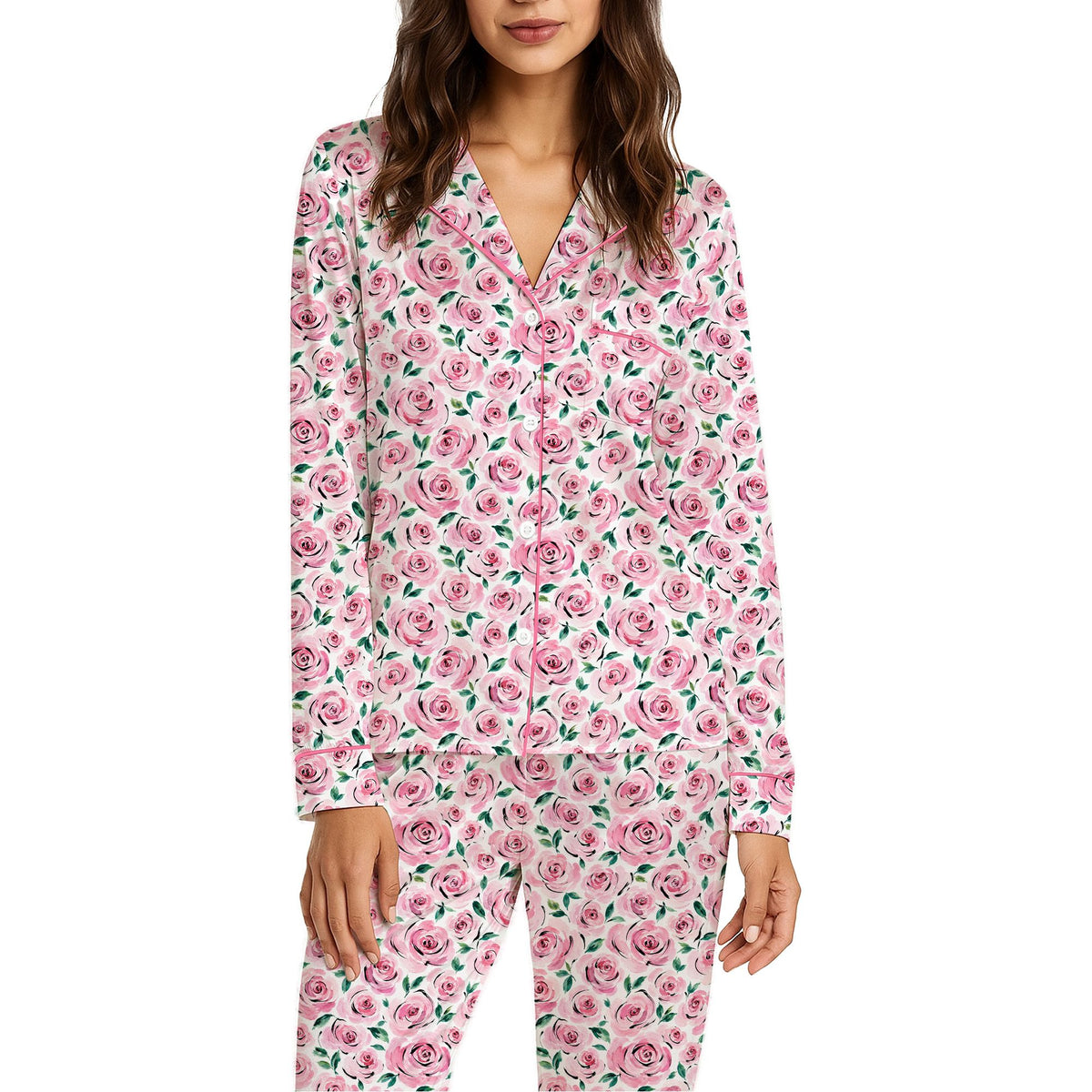 Alternative front view of the floral pajama set top and bottoms