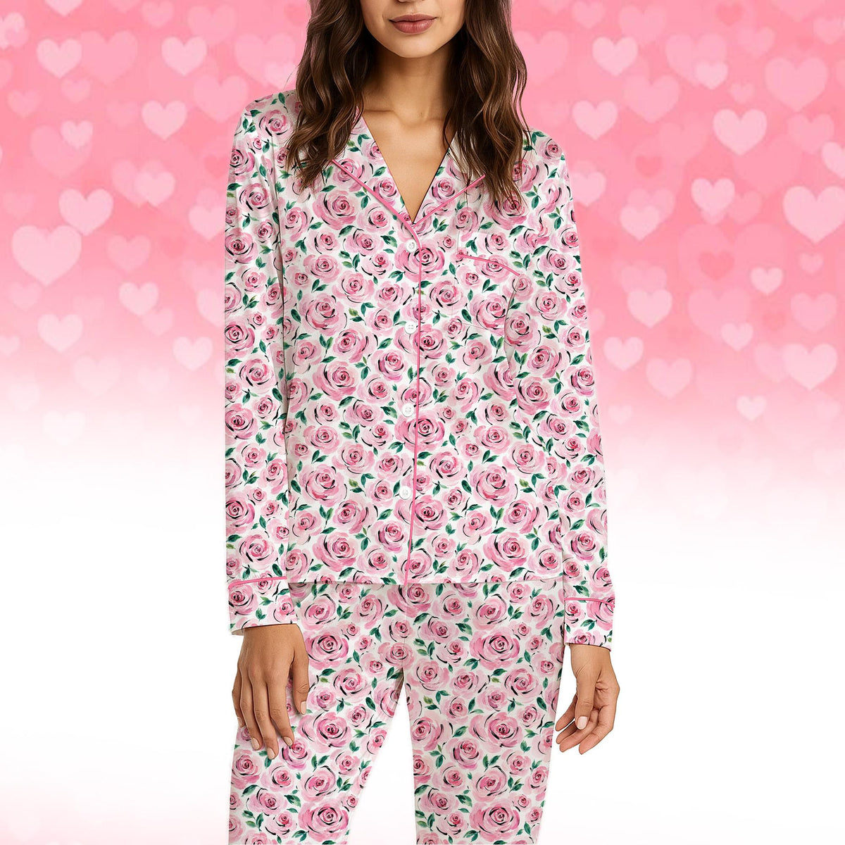 Close-up front view of the watercolor floral pajama set pattern