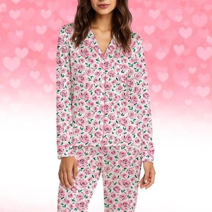 Close-up front view of the watercolor floral pajama set pattern