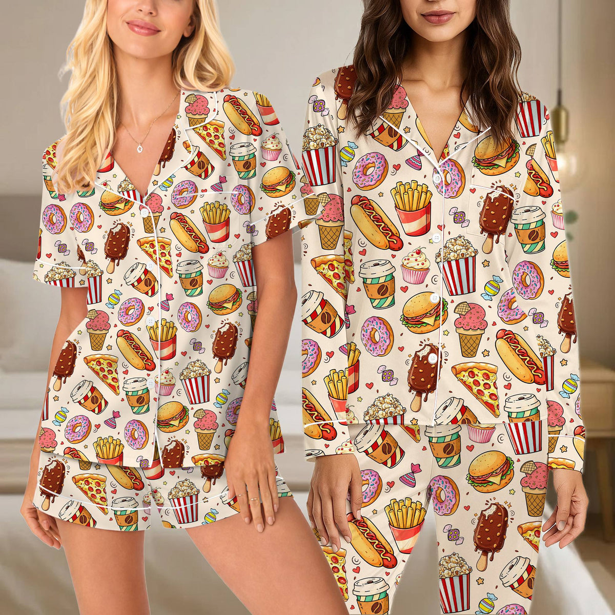 Front view of the matching family pajama set showing colorful snacks