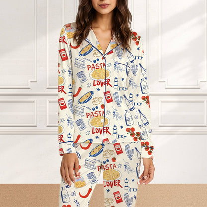 Close-up front view of the beige, blue, and red pasta elements on the pajama set