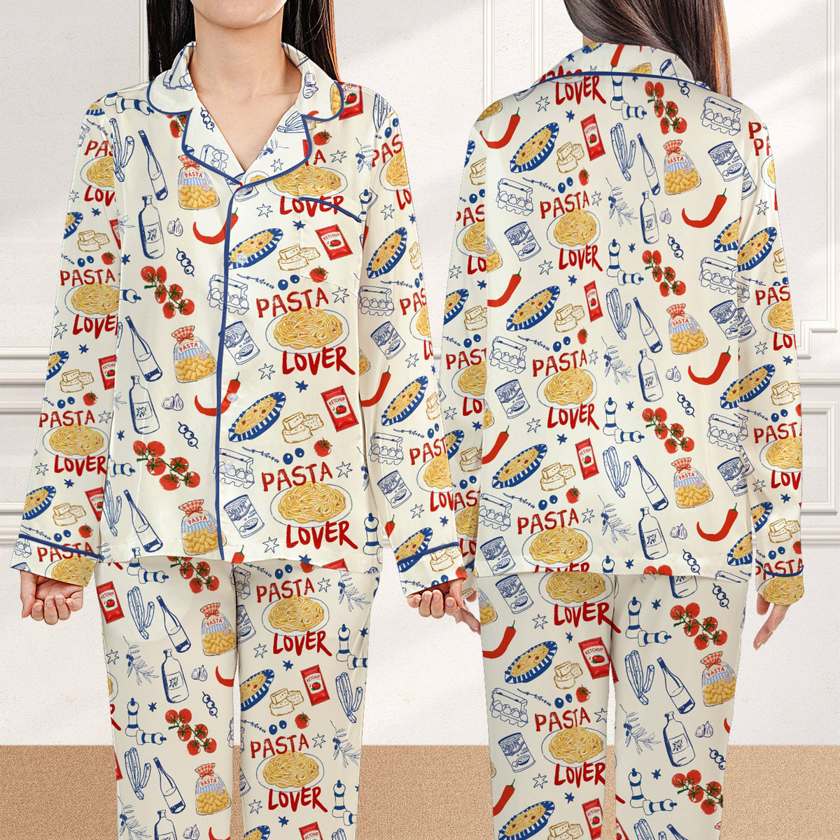 Front layout of the matching family pajamas featuring soup cans and spaghetti plates