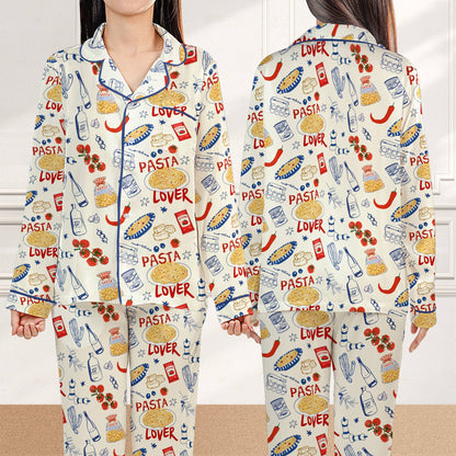 Front layout of the matching family pajamas featuring soup cans and spaghetti plates