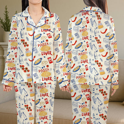 Front view of the food/pasta pajama set with spaghetti and tomatoes print