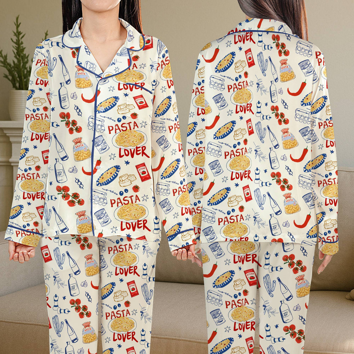 Food/pasta pajama set featuring pasta lover print, matching family pajamas main view
