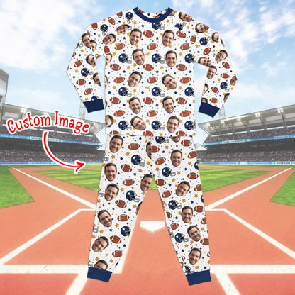 Detailed view of the football-themed photo pajama set
