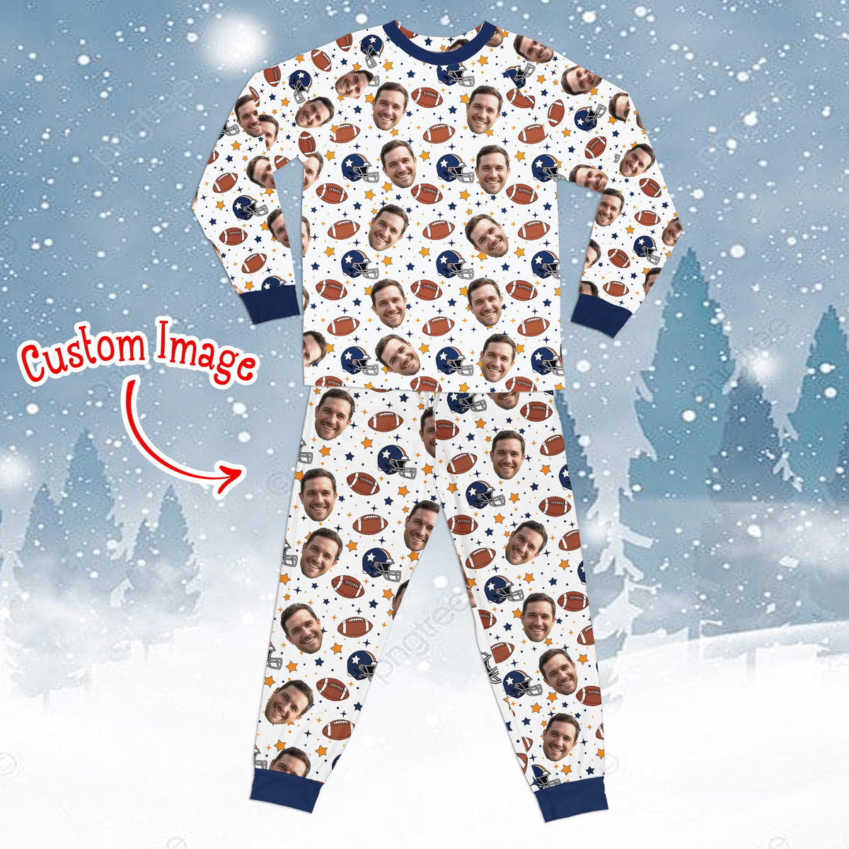 Custom photo pajama set with football design for matching family pajamas, front view