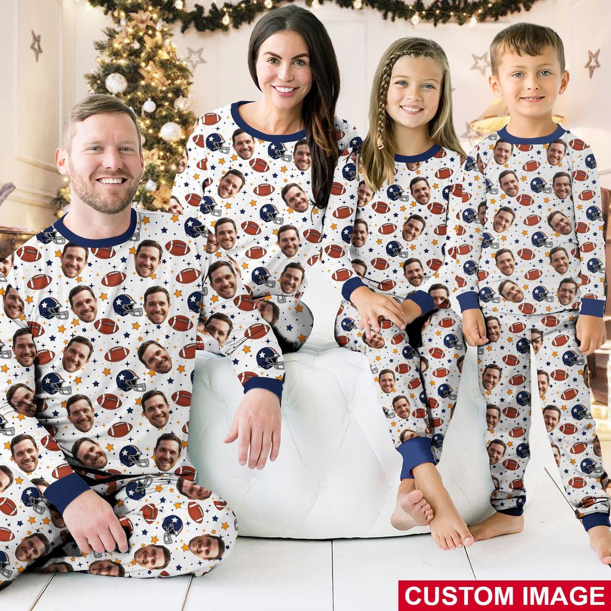 Another lifestyle view of the family matching outfits featuring custom photo football pajamas
