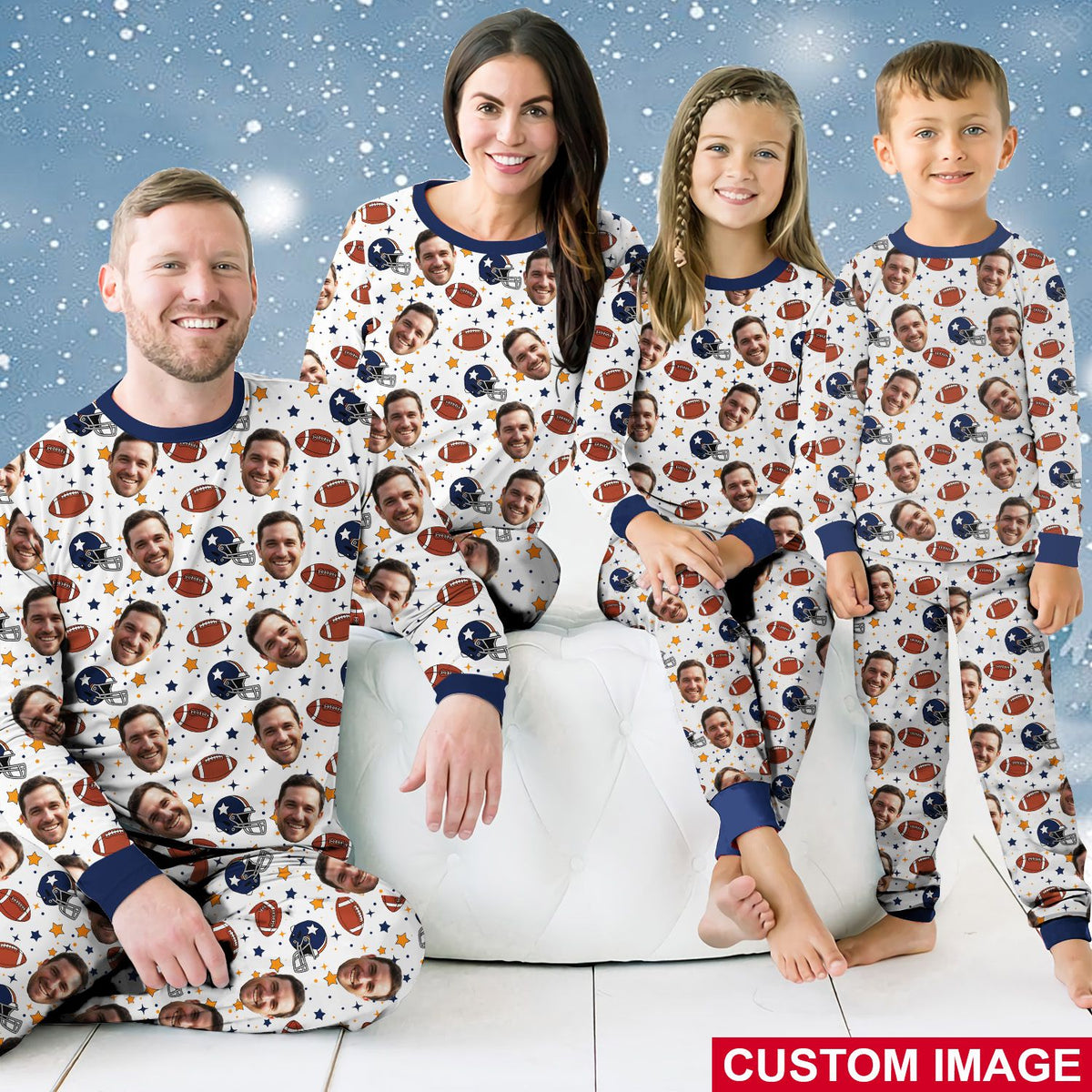 Family wearing matching custom photo pajama sets with football design, lifestyle view