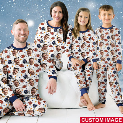 Family wearing matching custom photo pajama sets with football design, lifestyle view