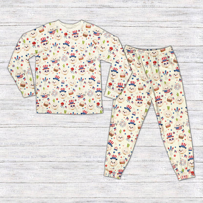 Beige matching family fourth of july pajama set featuring a garlic BBQ design, front view