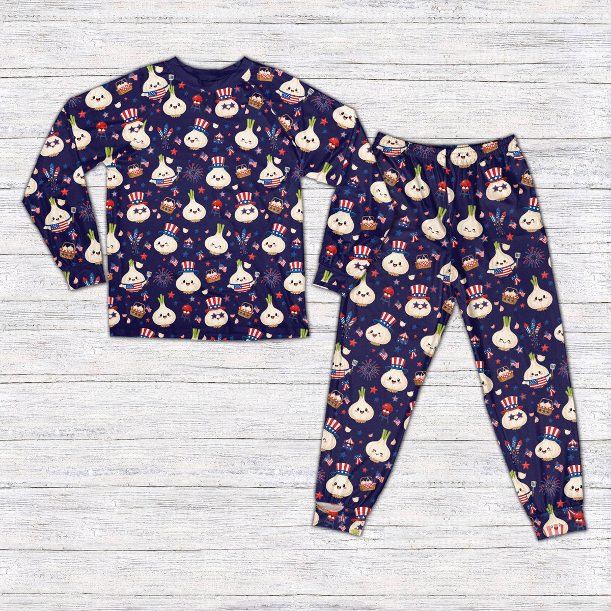 Navy matching family fourth of july pajama set featuring a garlic BBQ design, front view