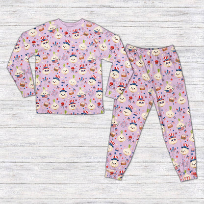 Purple matching family fourth of july pajama set featuring a garlic BBQ design, front view