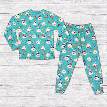 Teal matching family fourth of july pajama set featuring a garlic BBQ design, front view