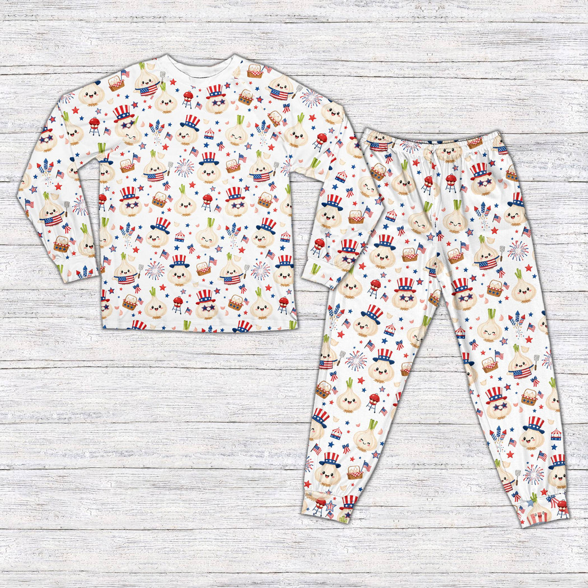 White matching family fourth of july pajama set featuring a garlic BBQ design, main view
