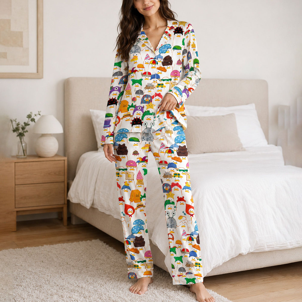 Close-up lifestyle view of funny ducks pajama set