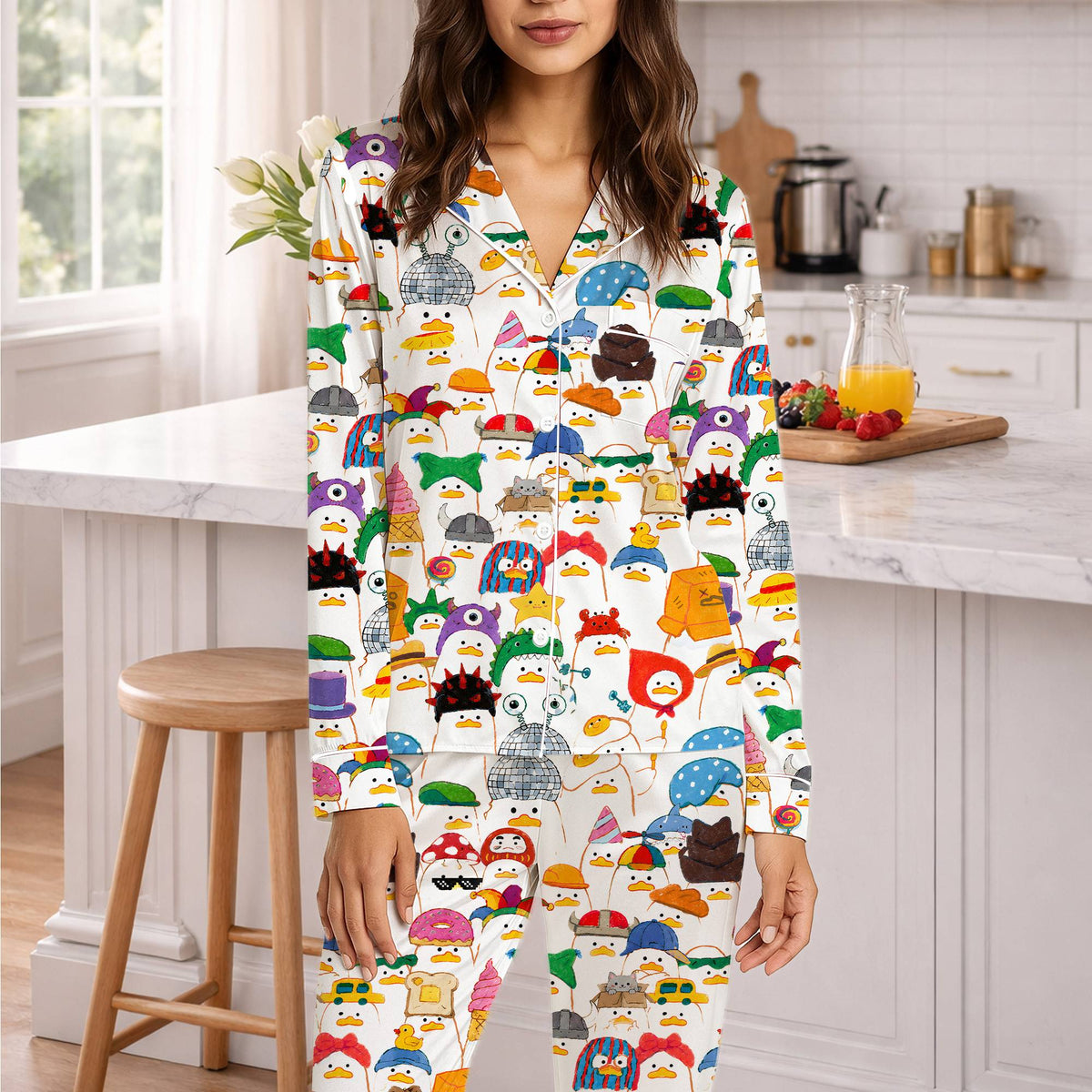 Kids wearing matching funny ducks pajamas