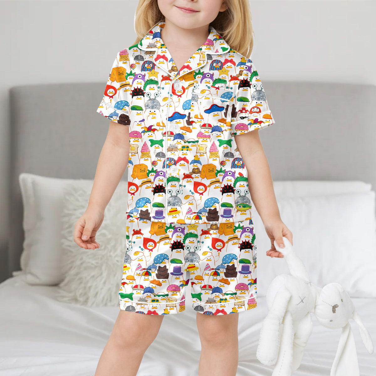 Lifestyle shot of funny ducks matching family pajamas