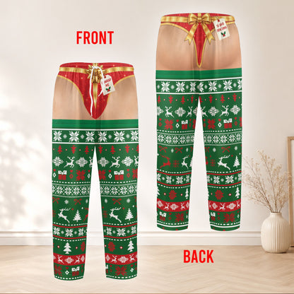 Main view of the funny joke pajama set featuring a bare skin and red thong illusion with ugly sweater legs
