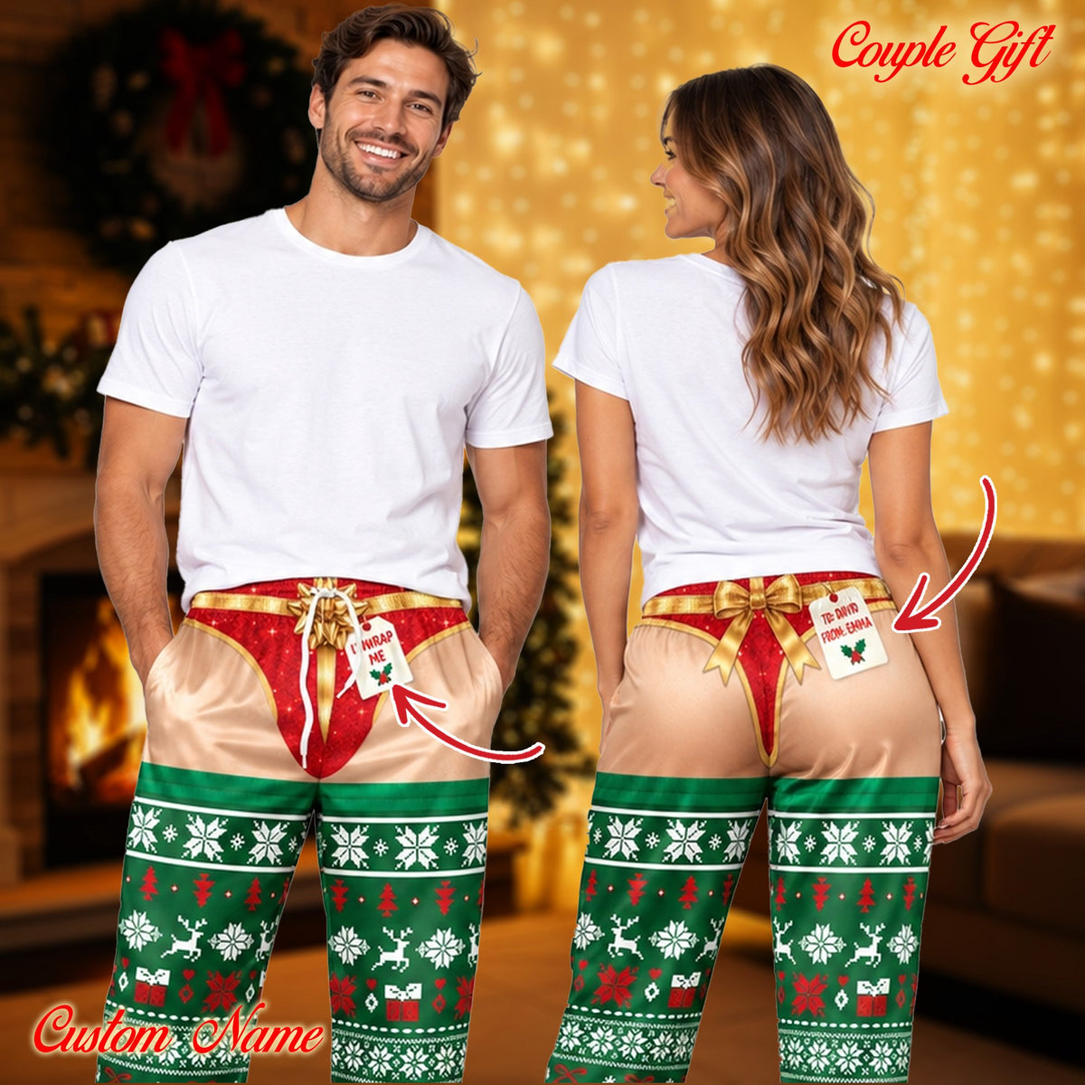 Lifestyle view showing the red thong and gold bow illusion on the funny joke pajama set